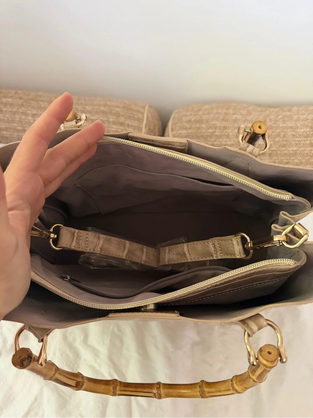 New Beige Croc-Embossed Bamboo Handle Tote - Women Bags
